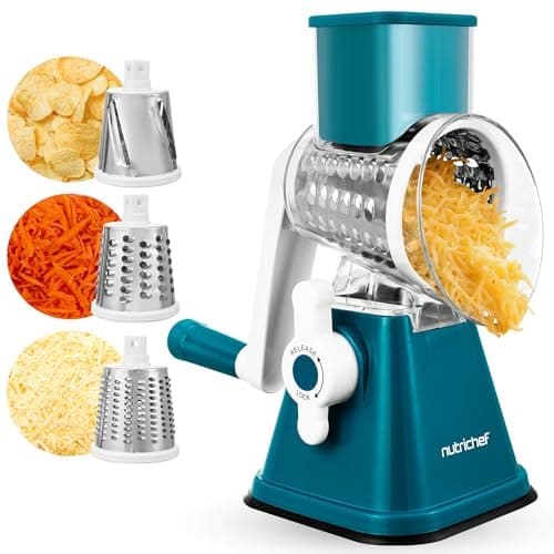 Nutrichef 3 in 1 Cheese Grater & Shredder | Strong Suction Base, Rotary Handle with Safety Lock | Includes Hand Crank & 3 Drum Blades for 3 Textures, Fine, Medium & Strips | Teal