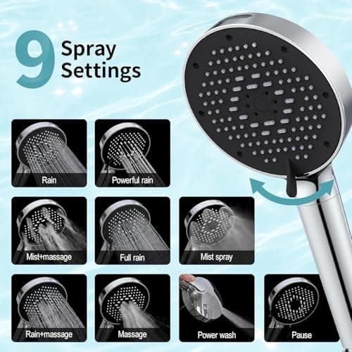 SR SUN RISE NSF Certified Filtered Shower Head 9-Spray Setting with Handheld for Hard Water to Remove Chlorine High Pressure Anti-Clog Nozzles (1 Filter, Chrome Silver)