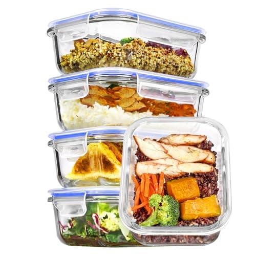 Vtopmart 5Pack 22oz Glass Storage Containers with Lids, Glass Meal Prep Food Container Sets with Snap Airtight Lid for Microwave, Oven, Freezer and Dishwasher, Blue