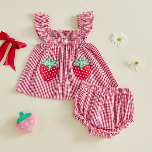 Baby Girl Summer Clothes Strawberry Cherry Ruffle Dress Tops Shorts Sets Bow Flower Bloomers Infant Newborn Outfit (03 Strawberry Red, 12-18 Months) — view 3