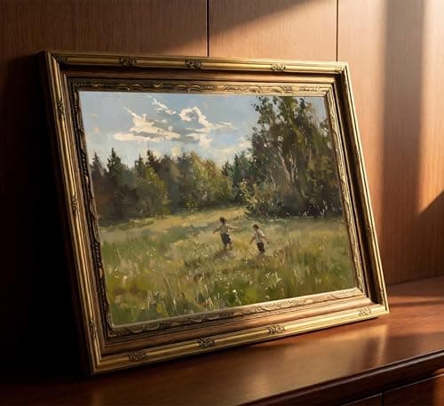 Canvas Wall Art Framed - Kids in Summer Field Landscape Painting, Vintage Gold Framed Picture Poster Prints Artwork for Home Wall Decor,12x16 Inch — view 5