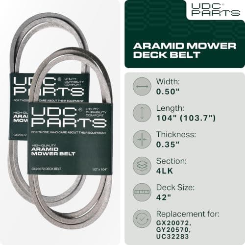 UDC Parts GX20072 Deck Belt, 1/2" x 104", Replace John Deere 42 Inch D110 L110 D105 E100 D130 S100 LA105 L100 D100 E130 L111 E110 E120 D125 125 LA135 LA110 S100 UC32283 GY20570 Flat Belt/Aramid Cord