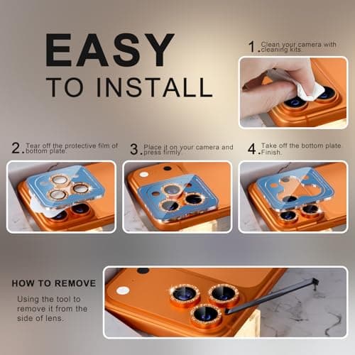 Choiche Compatible for iPhone 17 Pro/iPhone 17 Pro Max Camera Lens Protector Bling, 9H Tempered Glass Camera Cover Screen Protector Metal Ring Decoration Accessories (Glitter-Orange) — view 6