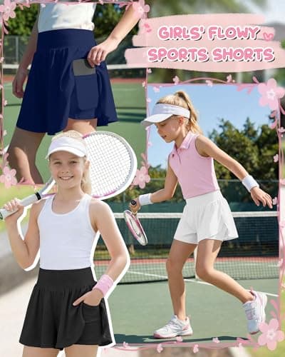 LessonZoo 3 Pack Girls Athletic Shorts Flowy 2 in 1 Skorts Quick Dry Tennis Shorts with Pockets, Back to School Sports Wear(Black, White, Navy Blue,11-12 Years) — view 3