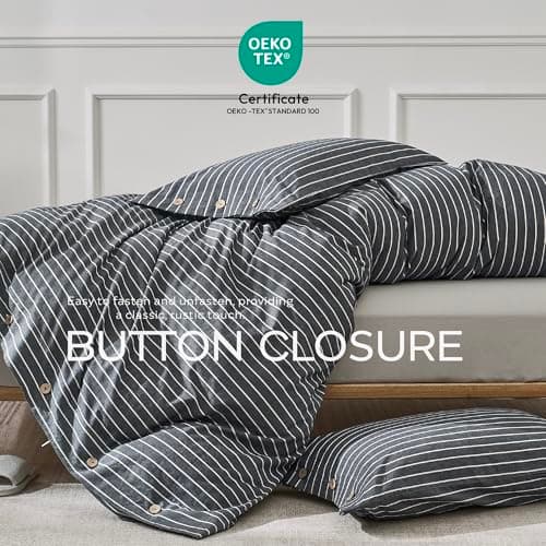 JELLYMONI Pinstriped 100% Washed Cotton Linen Like Duvet Cover Set, 3 Pieces Luxury Soft Bedding Set with Buttons Closure, Grey Stripes Pattern Printed Duvet Cover Queen Size(No Comforter) — view 5
