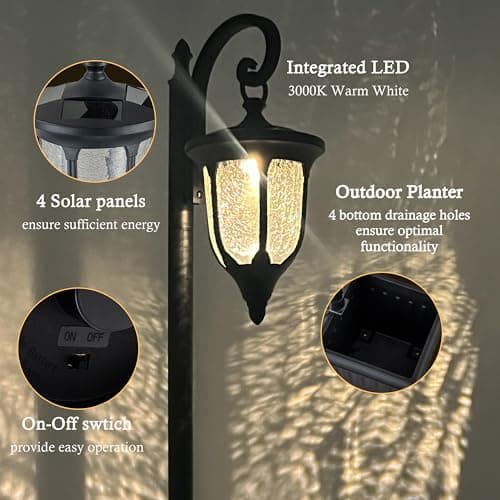 Yonaveil Solar Lamp Post Light with Planter, Outdoor Solar Lights with Crackle Glass, Matte Black Outdoor Flower Pots, Solar Post Lights Waterproof for Porch Garden Patio — view 2