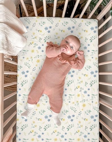 Pack and Play Sheets for Baby Boy and Girl 2 Pack, Neutral Muslin Cotton Pack N Play Mattresses Sheet 27"x39", Muslin Nursery Bedding Soft and Breathable Comfort (Spring Garden & Sage) — view 2