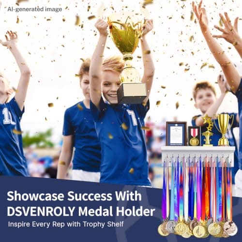 DSVENROLY Medal Holder Display Trophy Shelf Organizer, Sturdy Wooden Race Award Hanger Rack with 25 Steel Hooks, Wall Mount Storage Stand for Sports Fans, Cheer Success, White with Black Pegs