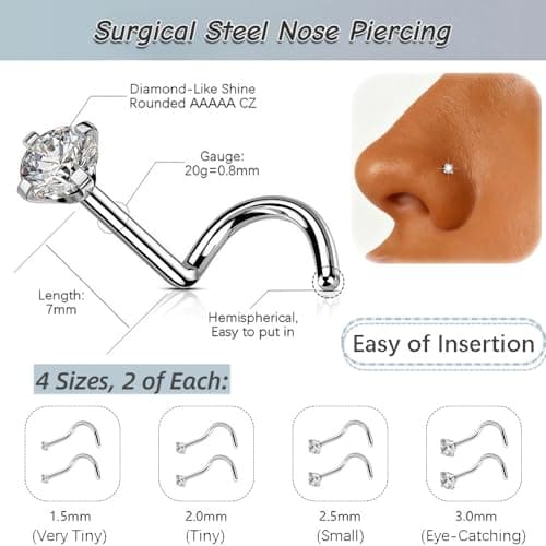 FriBasics 8Pcs 316L Surgical Stainless Steel 20G Nose Studs Set, High Polish Finish Corkscrew Nose Rings, Clear Cubic Zirconia, Size 1.5-3MM, For Men: 8Pcs/20g/1.5/2.0/2.5/3.0mm, Stainless Steel Cubic — view 4