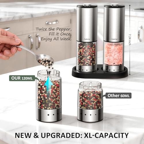 Rechargeable Electric salt and pepper grinder set with Storage Base,Automatic Refillable Salt and Pepper Shakers with LED Display,Upgraded Large Capacity,External Adjustable Coarseness for Mom Gifts — view 4