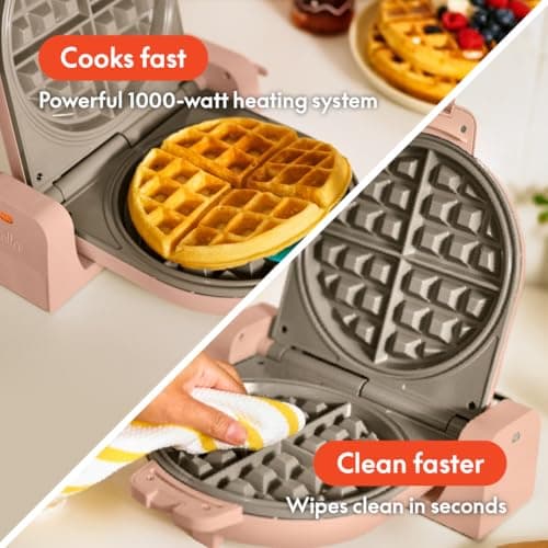 bella Flip-n-Store Waffle Maker with EverGood™ Ceramic Nonstick Coating, Fits-anywhere™ Kitchenware, Power Indicator Light, Cool Touch Handle & Cord Wrap, 7” Wide & 1" Deep Plates, 1000 Watt, Blossom — view 3