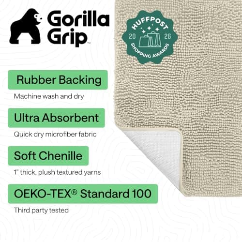 GORILLA GRIP Bath Mat, Thick Soft Absorbent Chenille Floor Mats, Rubber Backing Bathmat, 152x61 cm, Quick Dry Rug, Machine Washable Rugs for Shower and Tub Floors, Bathroom Accessories Decor, Cloud
