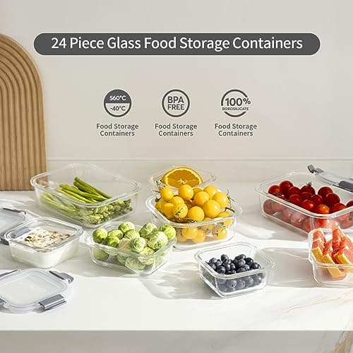 S SALIENT 24 Pieces Glass Food Storage Containers with Lids,Glass Meal Prep Containers Set with Locking Lid,Airtight Glass Lunch Container for Kitchen,BPA Free(12 Lids & 12 Containers) — view 2