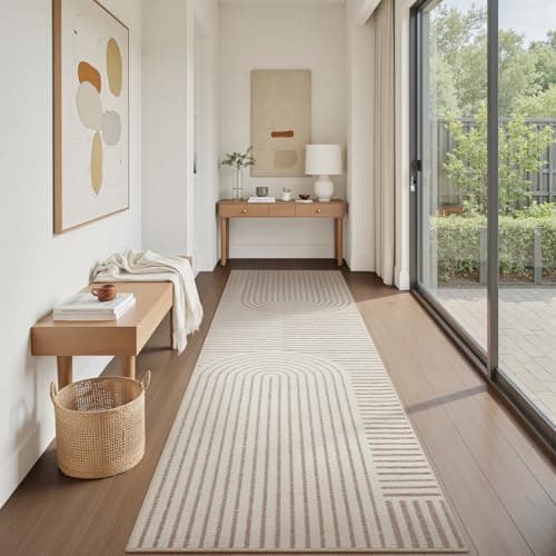 Boho Area Rug 2x6 Runner Rug Machine Washable Hallway Rugs for Bedroom Non Slip Soft Carpet Geometric Textured Runner for Dining Kitchen Office Living Room Rug-Beige — view 2
