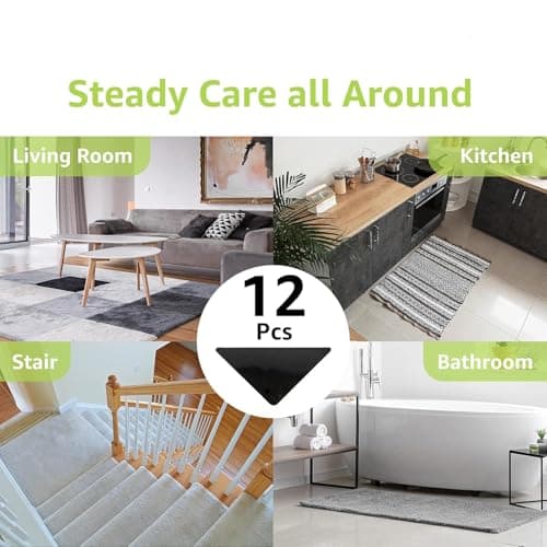 Rabenda 12 Pcs Rug Tape, Non Slip Rug Pads Grippers for Hardwood Floors and Tiles, Reusable Carpet Tape for Area Rugs, Double-Sided Adhesive Rug Stickers Keep Corners Flat (Black) — view 3