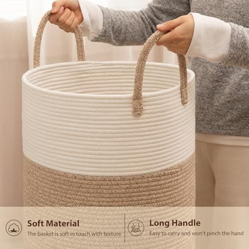 OIAHOMY Large Laundry Basket Hamper - 60L Cotton Rope Woven Basket for Blankets, Toys, Clothes - Tall Decorative Nursery Hamper with Long Handles, Brown/White — view 8