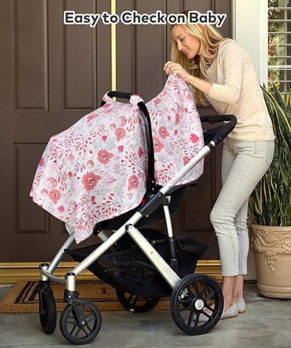 Rquite Infant Car Seat Cover for Babies Girls, Muslin Cotton Carseat Canopy, Breathable Stroller Sun Shade, Baby Shower Gift & Newborn Essentials, Universal Fit Summer & Hot Weather (Pink Flowers) — view 3