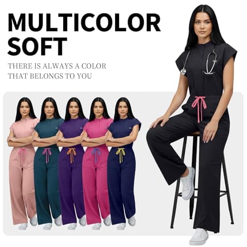 VIAOLI Women's Medical Scrub Jumpsuit - Mandarin Collar, with Drawstring Waist for Nursing Uniforms (S,Black) — view 6