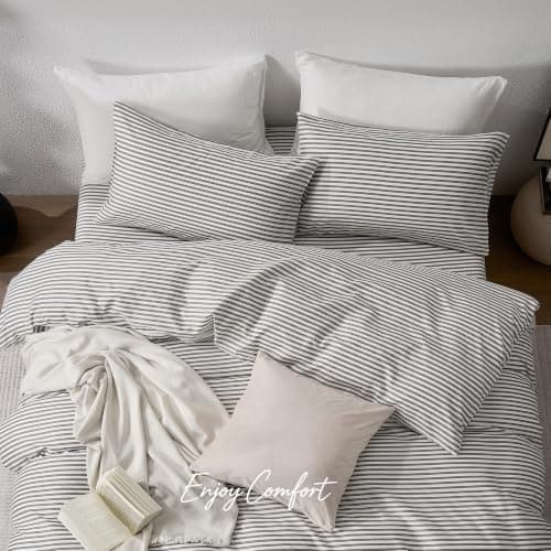 JELLYMONI 100% Natural Cotton 3pcs Striped Duvet Cover Sets,White Duvet Cover with Grey Stripes Pattern Printed Comforter Cover,with Zipper Closure & Corner Ties(Queen Size) — view 3