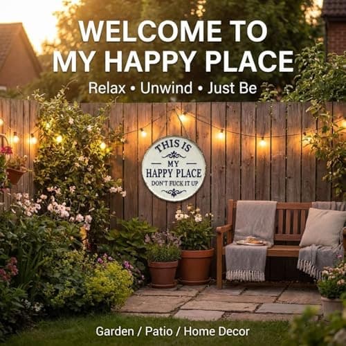 Happy Place – Vintage Statement Metal Sign, This is My Happy Place Don't Fuck It Up Round Garden Wall Decor, Hanging Signs & Plaques, Funny Home Decorative for Front Door 12in — view 5