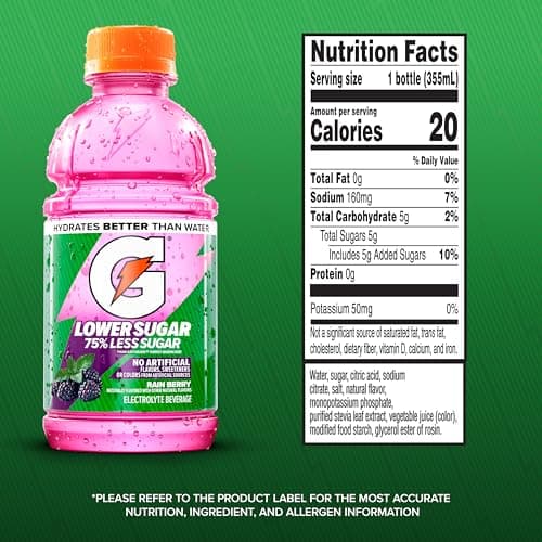 Gatorade Lower Sugar Sports Drink, Rain Berry, 12 fl oz Bottles, (12 Pack)