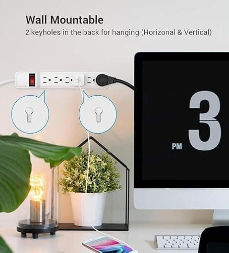 Extension Cord 6 ft with Holder- Long Power Strip Surge Protector, 6 AC Outlet Flat Plug, Wall Mount, Multi Plug Outlet Extender Desk Charging Station for Computer Home Office Dorm Room Essentials — view 4