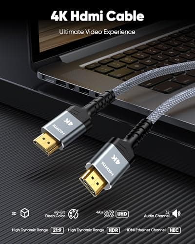 HDMI Cable 6.6 ft, Highwings 4K HDMI 2.0 Cord with Ultra HD Stunning Clarity, Nylon Braided & Gold-Plated Connectors, HDR, Ethernet, ARC, 3D, HDCP 2.2, Compatible with for Wall-mounted HDTV , Monitor — view 3