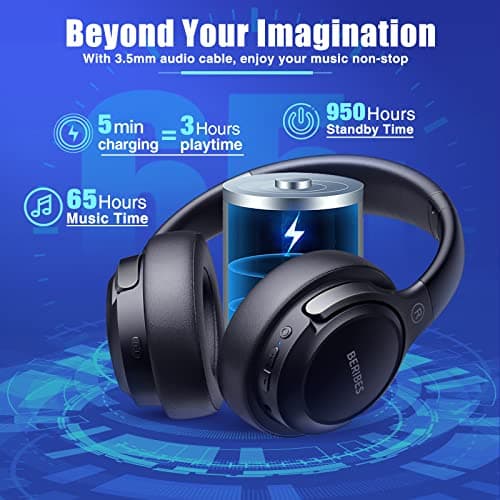 BERIBES Bluetooth Headphones Over Ear, 65H Playtime and 6 EQ Music Modes Wireless Headphones with Microphone, HiFi Stereo Foldable Lightweight Headset, Deep Bass for Home Office Cellphone PC Ect. — view 2