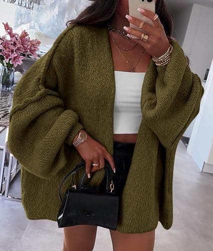 PRETTYGARDEN Womens Oversized Cardigan Sweaters 2026 Fall Long Lantern Sleeve Knit Open Front Lightweight Sweater (Army Green,Small) — view 8