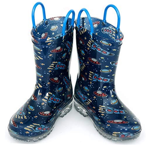 HugRain kids Boys Rain Boots Toddler Light Up Printed Waterproof Shoes Lightweight Adorable Cute Navy Blue Cosmos Rubber with Easy-On Handles and Insole (Size 13,Navy) — view 3