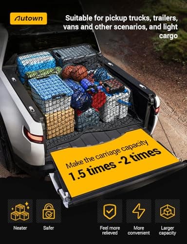AUTOWN Cargo Net for Pickup Truck Bed - Stretchable 4'x4' to 7'x7', High Elastic Fine Mesh 1''x1'' with 8 Metal Carabiners - Ideal for ATV, SUV, UTV, Truck and Boat Use (Single Layer)