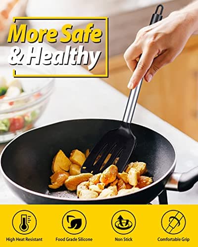 Pack of 2 Silicone Solid Turner, Non Stick Slotted Kitchen Spatulas, High Heat Resistant BPA Free Cooking Utensils, Ideal Cookware for Fish, Eggs, Pancakes(Black) — view 3
