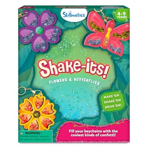 Skillmatics Shake-its – Glitter Craft Kit for Kids, DIY Arts & Crafts with Keychains, Mess-Free Activity, Travel Toy, Flowers & Butterflies, Birthday Gifts for Girls & Boys Ages 4, 5, 6, 7, 8, 9