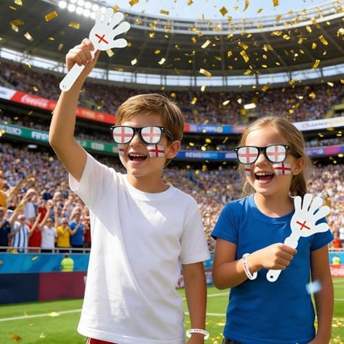2026 World Cup England Fan Gear Set, 6PCS Soccer Party Supplies with England Flag, Scarf, Sunglasses, Face Paint, Clapper & Bracelet, Stadium Cheer Set for Game Day Decorations — view 3