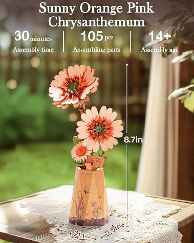 rowood 3D Puzzles for Adults,DIY Wooden Flower Building Craft Kits for Women,Christmas/Birthday Gift- Orange Gerbera Daisy — view 2