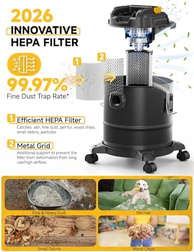 Cordless Ash Vacuum for Pellet Stoves, for DEWALT 20V Max Battery, Pellet Stove Vacuum Cleaner with 2 HEPA Filters, Powerful Suction, 4 Gallons & 4 Wheels, 38" Hose for Wood Fireplaces, BBQ Grills — view 3