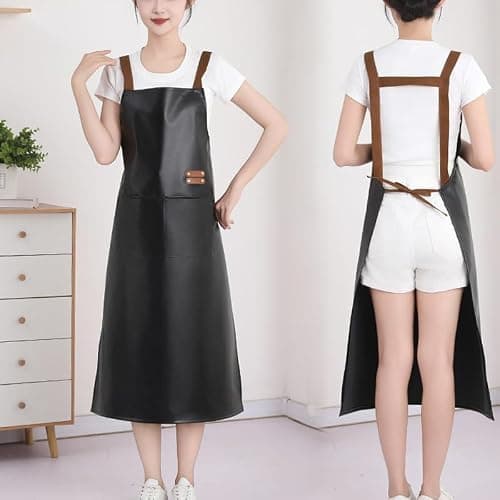 GEMBITYFUL Black Waterproof Apron Large Pocket PU Material Waterproof Oil-proof Dust-proof Apron Slim Apron Length 38.6 inch