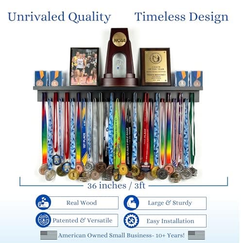 Medal Awards Rack Premier Medal Hanger Display Rack and Trophy Shelf for Gymnastics, Soccer, Basketball, Football, and More – Black, 3 ft