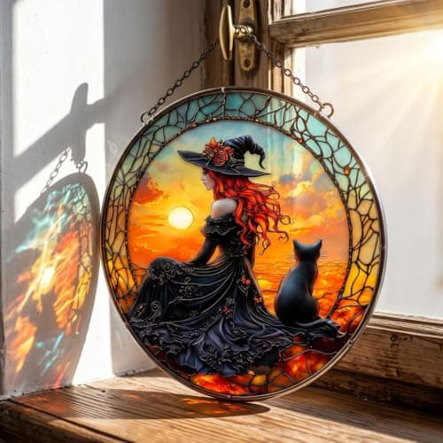TREBIN Halloween Acrylic Jigsaw Puzzle Suncatcher, Stained Glass Window Hanging DIY Puzzle Sun Catcher 83 Pieces, Gothic Halloween Decoration Thanksgiving Home Decor (Red Sunset Hair Witch & Cat) — view 3