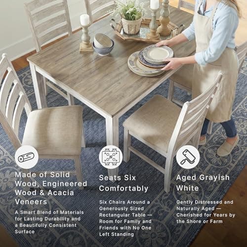 Signature Design by Ashley Skempton Cottage Dining 7 Piece Set – Rectangular Table & 6 Upholstered Chairs | Coastal Chic Meets Farmhouse, Whitewash — view 5