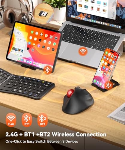 Ergonomic Wireless Trackball Mouse, 3 Device Connection (Bluetooth or 2.4G USB Receiver) Bluetooth Quiet Computer Mouse, 2*AAA Battery Thumb Laptop Mice with 5 Level DPI for PC/Laptop/Mac/Windows Red — view 2