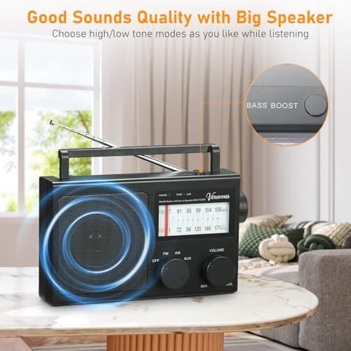 VERAVOXES Portable AM/FM Radio with Bass Control, Equipped with a Built-in high-Power Speaker, Headphone Jack, and AUX Audio Input, Battery or AC Power Operation (Black) — view 5