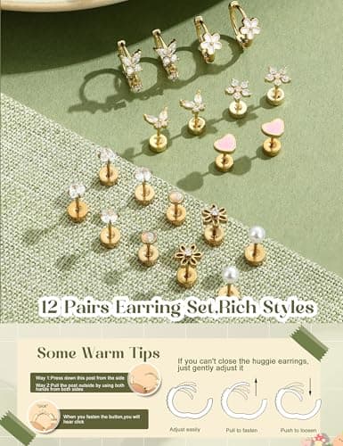 LOLIAS Hypoallergenic Flat Back Earrings for Women Girls-Cute Toddler Kids Teen Girls Earring Set-Surgical Steel Earrings for Sensitive Ears-14K Gold Plated Stainless Steel Flatback Studs Screw Back Small Hoop Cartilage Earring Stacks 14K Gold Plated Age Over 4 Years Old — view 2