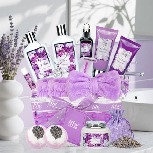 Gifts for Women, Birthday Gifts, Lavender Lilac Bath and Body Gift Basket Set - 16Piece Spa Gift Basket for Women, Mothers Day Gift Basket for Mom, Pampering Bath Set | Christmas, Perfect Holiday Gift for Her & Mom — view 5