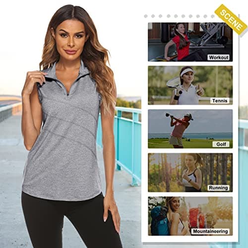 Koscacy Tennis Tops for Women,Golf Zipper Shirts Dri Fit Yoga Ladies Sleeveless Tunic Tops for Leggings Tennis Polo Gym V-Neck Going Out Beach Vacation Tank Top Grey Large — view 3