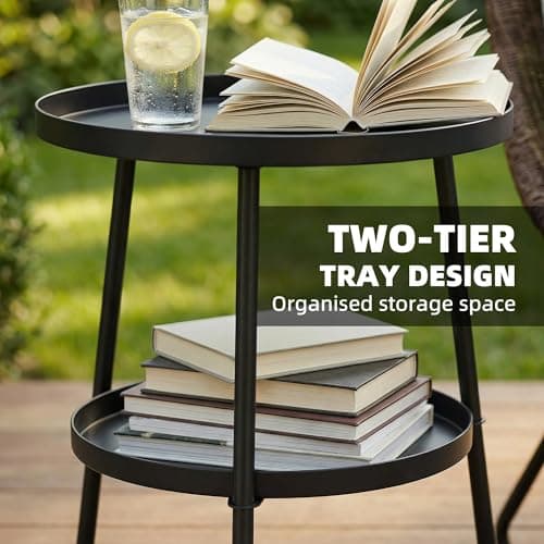 Outsunny Metal Patio Side Table, 2-Tier Round End Table, for Living Room, Bedroom, Garden, Balcony, Black — view 3