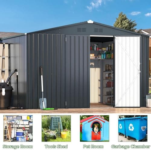 U-MAX Shed 10'x10' Storage Sheds, Large Metal Storage Sheds & Outdoor Clearance, Steel Backyard Shed with Lockable Doors, Utility and Tool Storage for Garden, Patio in Dark Grey — view 2