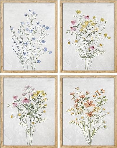 SIGNWIN Framed Colorful Wildflower Still Life Wall Art, Set of 4 Floral Botanical Print Wall Decor Prints, Nature Wilderness Wall Décor for Living Room, Bedroom - 11"x14" Natural