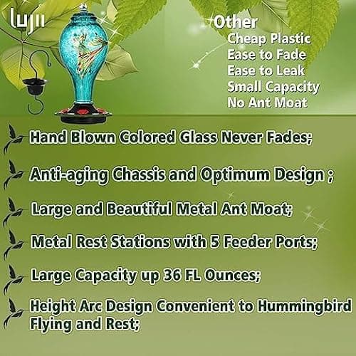 LUJII Hand Blown Glass Hummingbird Feeder for Outdoors Hanging, Leakproof, Never Fade, 36 fl.oz, 5 Feeding Metal Stations, Much Bigger, Garden Backyard Decoration, Great Gift for Bird Lover, Blue — view 2