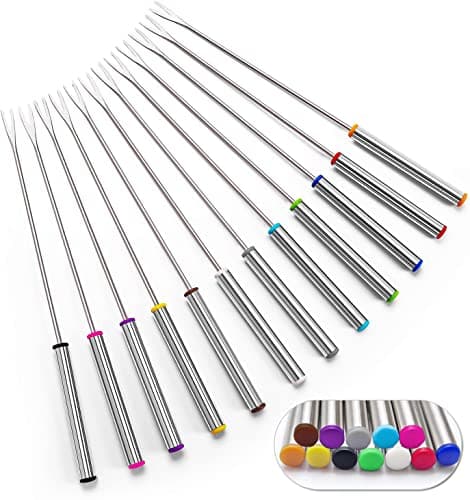 Set of 12 Stainless Steel Fondue Forks 9.5", Color Coded Cheese Fondue Forks Smores Sticks with Heat Resistant Handle for Chocolate Fountain Cheese Roast Marshmallows Dessert Fruits